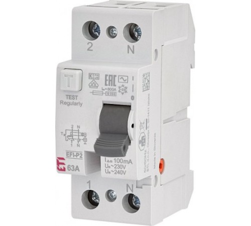 Дифференциальное реле (УЗО) 2р EFI-P2 63/0,1 тип AC (10kA), ETI 2061223 Дифференциальное реле (УЗО) 2р EFI-P2 63/0,1 тип AC (10kA), ETI 2061223