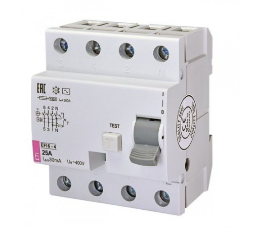 Дифференциальное реле (УЗО) 4р EFI6-P4 63/0,03 тип AC (6kA), ETI 2061653 Дифференциальное реле (УЗО) 4р EFI6-P4 63/0,03 тип AC (6kA), ETI 2061653